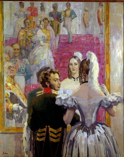 Den russiske digter Alexander Pushkin (Pushkin) (1799-1837) og hans kone Natalia Gontcharova (Goncharova) ved Anichkof Palace Ball. Maleri af Nikolai Pavlovich Ulyanov (Ulyanov) (1875-1949) af Nikolai Pavlovich Ulyanov