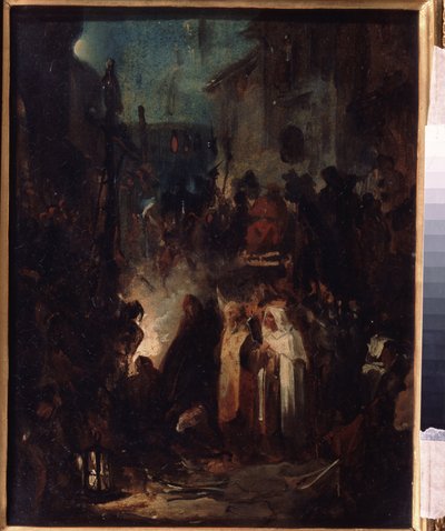 Autodafe (Autodafe). Gadebillede, om natten, efter inkvisitionsrettens dom, samles menneskemængden og de gejstlige omkring bålet. Værk af Nikolai Petrovich Lomtev (1816-1859), olie på pap. russisk kunst af Nikolai Petrovich Lomtev