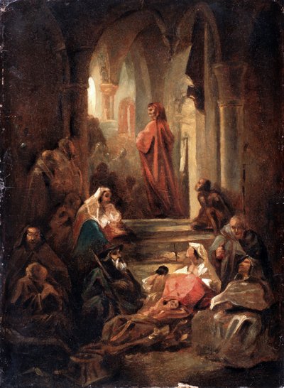 En scene fra Dante Alighieris liv (1265-1321) (En scene fra Dante Alighieris liv). Værk af Nikolai Petrovich Lomtev (1816-1859), olie på pap af Nikolai Petrovich Lomtev