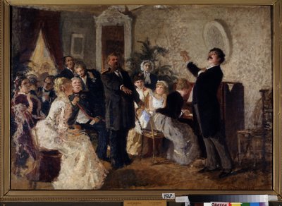 Duo. (Sangere giver koncert i et privat rum). Maleri af Nikolai Petrovich Zagorsky (1849-1893), olie på lærred. russisk kunst af Nikolai Petrovich Zagorsky