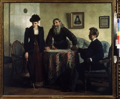 En remonstrans (en formaning). Et ægtepar i krise besøger en ortodoks præst og får en lektion i moralsk adfærd. Maleri af Nikolai Vasilyevich Nevrev (1830-1904), olie på lærred af Nikolai Vasilievich Nevrev