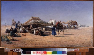 Kairo (Ægypten) (Kairo). Lejrscene af en campingvogn i ørkenen, byen i baggrunden. Maleri af Nikolai Yegorovich Makovsky (1842-1886), olie på lærred af Nikolai Yegorovich Makovsky