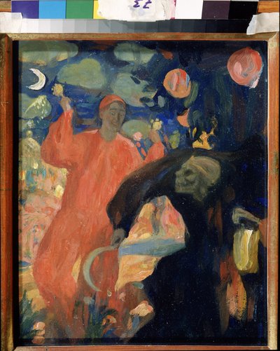 Til minde om Nikolai Sapunov (Sapunov) (1880-1912) (Til minde om N. Sapunov). Døden personificerede bukker og flygter foran en smilende livsfigur, der vifter med maracas. Værk af Nicolas (Nikolai) Dimitrievich Millioti (1874-1962), olie på kort af Nikolaj Nikolaevic Sapunov