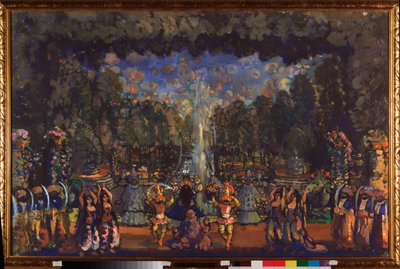 Den tyrkiske ceremoni. Forberedende dekoration til stykket ""Le bourgeois gentilhomme"" af Moliere (1622-1673). Værk af Nikolai Nikolayevich Sapunov (Sapunov) (1880-1912), tempera på lærred af Nikolaj Nikolaevic Sapunov