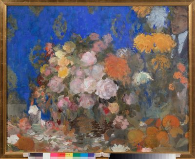 Nature morte avec autoportræt - Stilleben med selvportræt - Værk af Nikolai Nikolayevich Sapunov (Sapunov) (1880-1912), tempera på pap af Nikolaj Nikolaevic Sapunov