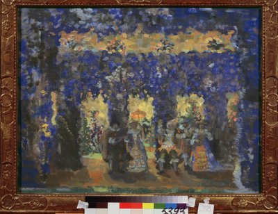Pavillon i slottets haver. Værk af Nikolai Nikolaievitch Sapunov (Sapunov) (1880-1912), tempera på pap af Nikolaj Nikolaevic Sapunov