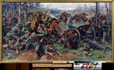 Det russiske kavaleri angreb det tyske artilleri i 1915 (Det russiske kavaleri angreb det tyske artilleri i 1915). Maleri af Nikolai Yakovlevich Borisov (1873-1942). Olie på lærred, 75 x 142 cm, russisk kunst fra begyndelsen af ​​det 20. århundrede. Staten af Nikolay Yakovlevich Borisov