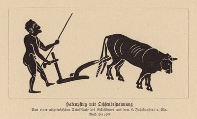 Oldgræsk oksetrukket plov (litografi) af Nikosthenes