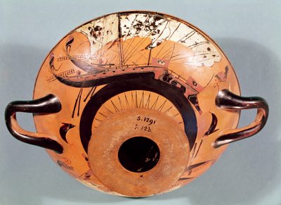 Attic sort-figur kop forestillende græske sejlskibe, ca. 520 f.Kr. (keramik) af Nikosthenes