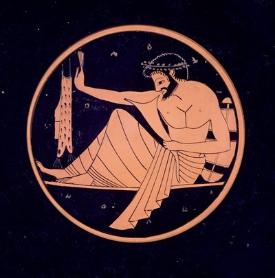 GR.1-1927 Attic rød figurkop, forestillende en banketmand med drikkehorn, 520-510 f.Kr. (ler) af Nikosthenes
