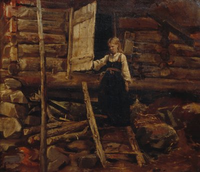 Pige på trappe (olie på lærred) af Nils Bergslien