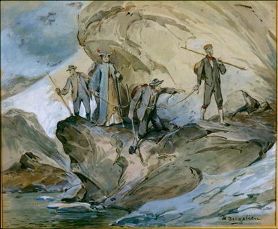 Vandring over Hardanger-gletsjeren (akvarel på papir) af Nils Bergslien