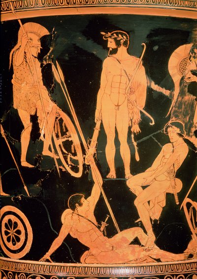 Herakles og græske helte, detalje fra en attisk rød-figur calyx-krater, ca. 490 f.Kr. (keramik) (se også 92577 og 19106) af Niobid Painter