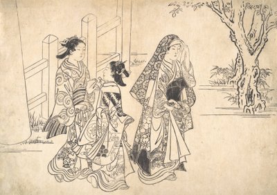 En kurtisane efterfulgt af to piger, ca. 1690-1751. af Nishikawa Sukenobu