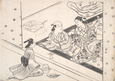 Lady Playing Shamisen, med hendes elsker og ledsager i nærheden. af Nishikawa Sukenobu