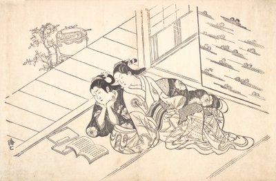 To kvinder læner sig tilbage på gulvet i et værelse og læser en bog, ca. 1730., ca. 1730. af Nishikawa Sukenobu