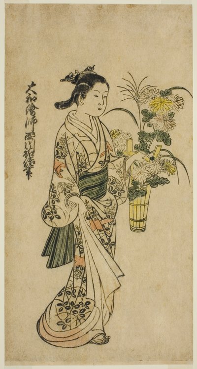 Ung pige, der bærer et blomsterarrangement af Nishikawa Sukenobu