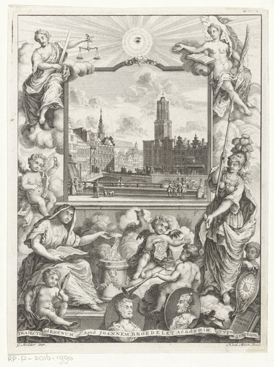 Stadsgezicht met Domkerk te Utrecht en allegorie met Utrechtse stedenmaagd Titelside for: Elias de Vries, Dissertatio juridica, de jure naturale ac gentium, seu duobus prioribus juris fontibus, 1745. af Noach van der Meer (I)