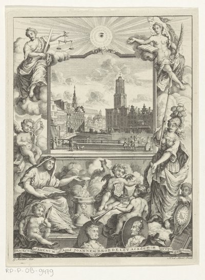 Stadsgezicht met Domkerk te Utrecht en allegorie met Utrechtse stedenmaagd Titelside for: Elias de Vries, Dissertatio juridica, de jure naturale ac gentium, seu duobus prioribus juris fontibus, 1745. af Noach van der Meer (I)