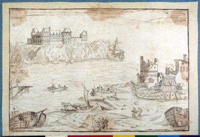 Et slot, der bestiger klipper, med studier af galjoner og fiskerbåde (pen og brunt blæk på papir) af Noel Gasselin