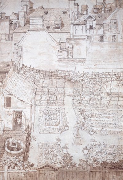 En have til et byhus, med parterre og pergola med vinranker, omgivet af bygninger, ca. 1677 (pen og brun blæk med brun vask) af Noel Gasselin