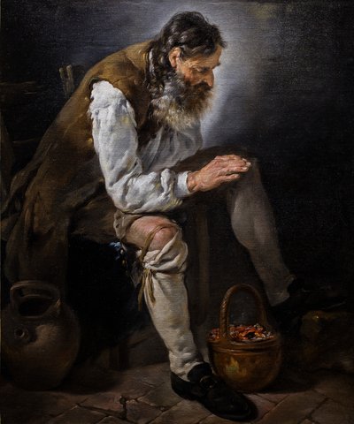 Vinter. Gammel mand varmer sine hænder ved et fyrfad, ca. 1747 (Olie på lærred) af Noel Halle