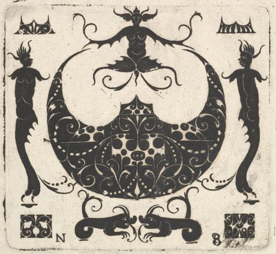 Måneformet ringramme og groteske figurer, ca. 1620-30. af Noel Rouillard