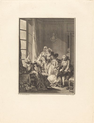 Julie besvimer i en lænestol af Noël Le Mire after Jean Michel Moreau