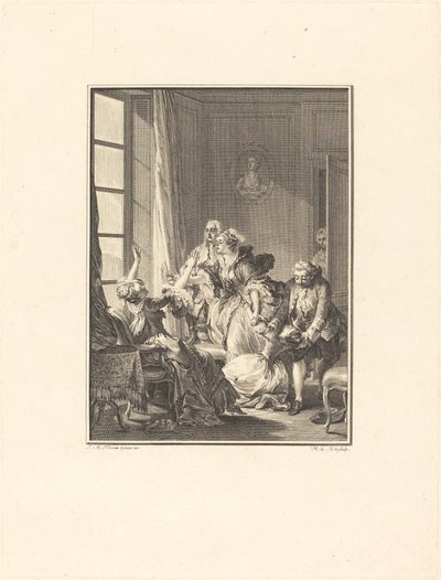 Julie besvimer i en lænestol af Noël Le Mire after Jean Michel Moreau