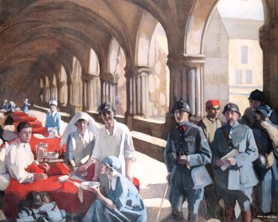I klosteret i Abbaye ved Royaumont. Dr. Frances Ivens inspicerer en fransk patient af Norah Neilson Gray
