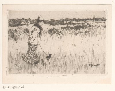 Vandrende dame med hund i et landskab af Norbert Goeneutte