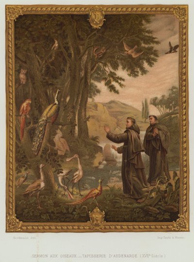 Frans af Assisis prædiken til fuglene (farve litho) af Nordmann (after)