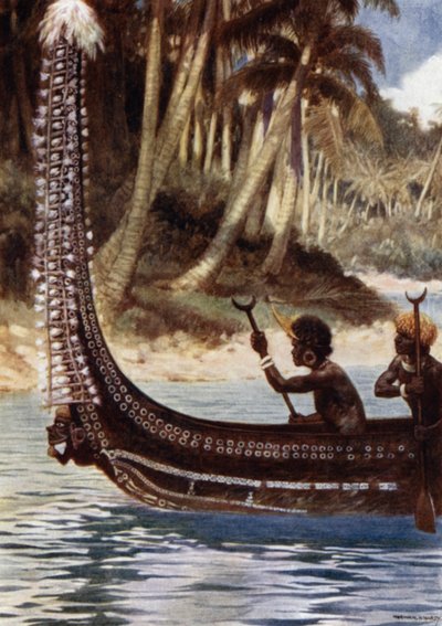 En kano, der viser "Totoishu," New Georgia, Salomonøerne (farve litho) af Norman Hardy