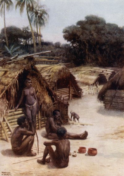 En landsby i Santo, New Hebrides (farve litho) af Norman Hardy