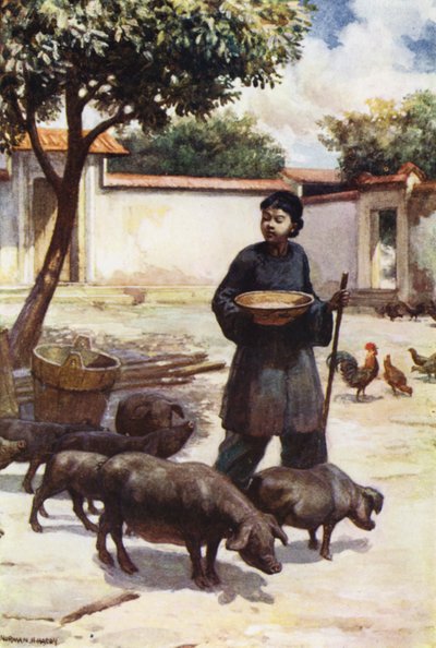 Kina: En gårdhave (farve litho) af Norman Hardy