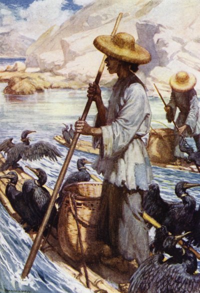 Kina: Fiskeri med skarver (farve litho) af Norman Hardy