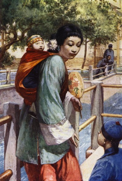 Kina: Pige og baby (farve litho) af Norman Hardy