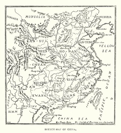 Kina: Skitsekort over Kina (farve litho) af Norman Hardy