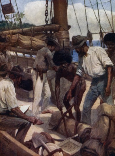 Guldminearbejdere forlader et handelsskib, Britisk Ny Guinea (farve litho) af Norman Hardy