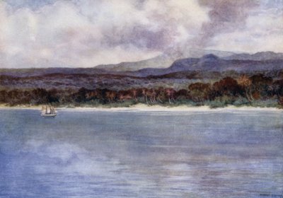 Mount Marion, den aktive vulkan, Ambryn-øen, New Hebrides (farve litho) af Norman Hardy