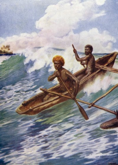 Passing the Reef, Aoba, New Hebrides (farve litho) af Norman Hardy