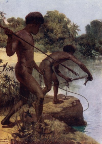 Spearing Fish, Britisk Ny Guinea (farve litho) af Norman Hardy