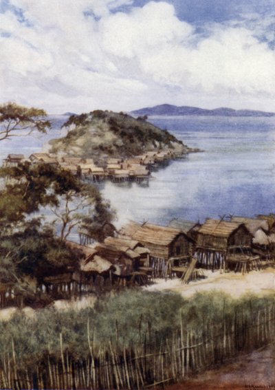 Øen Elevera fra Mission Station, Port Moresby, Britisk Ny Guinea (farve litho) af Norman Hardy