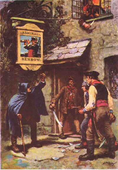 En mand lænede sig ud i måneskin, fra Treasure Island udgivet af MacDonald 1947 (farve litho) af Norman Mills Price