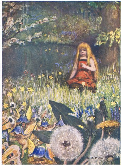 Maybells and the Flowers: "Nu ved jeg, at flere kan blive hjemme, maj-klokkerne kalder mig det (farve litho) af Norman Mills Price