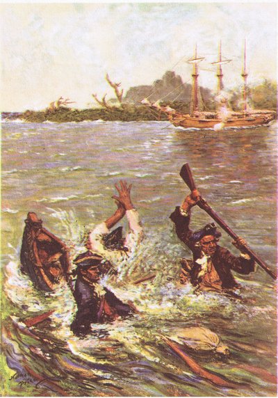 Båden sank ved agterstavnen i tre fod vand, fra Treasure Island udgivet af MacDonald 1947 (farve litho) af Norman Mills Price