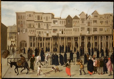 Byscene i Lissabon (olie på lærred) af Northern European School