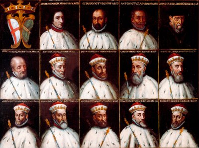 Republikkens geners våbenskjold og portrætter af dogerne - Simone Boccanegra, Ottaviano Fregoso og Antoniotto II Adorno; Andrea Doria. Oberto Cattaneo Lazzari, Battista Spinola, Battista Lomellini, Cristoforo Grilaldi Rosso, Giovanni Battista Doria af Northern Italian School
