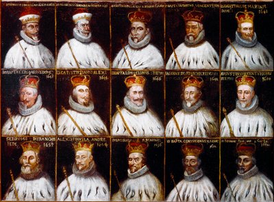 Republikkens geners våbenskjold og portrætter af dogerne. Giovanni Stefano Doria, Francesco Gio. Brignole Sale, Agostino Pallavicini, Giovanni Battista Durazzo, Agostino Giovanni De Marini, Giovan Battista Lercari, Luca Giustiniani, Giovanni Battista L af Northern Italian School