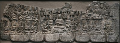 Vægskulptur: Himmelske samlinger af Buddhaer og Bodhisattvaer, Handan, Hebei-provinsen, 550-577 (kalksten med spor af pigment) af Northern Qi Dynasty Chinese Scool